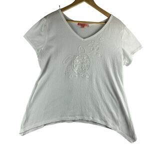 Sun Bay Sequin Turtle Flowers V-Neck T-Shirt Women Large Textured White Beach